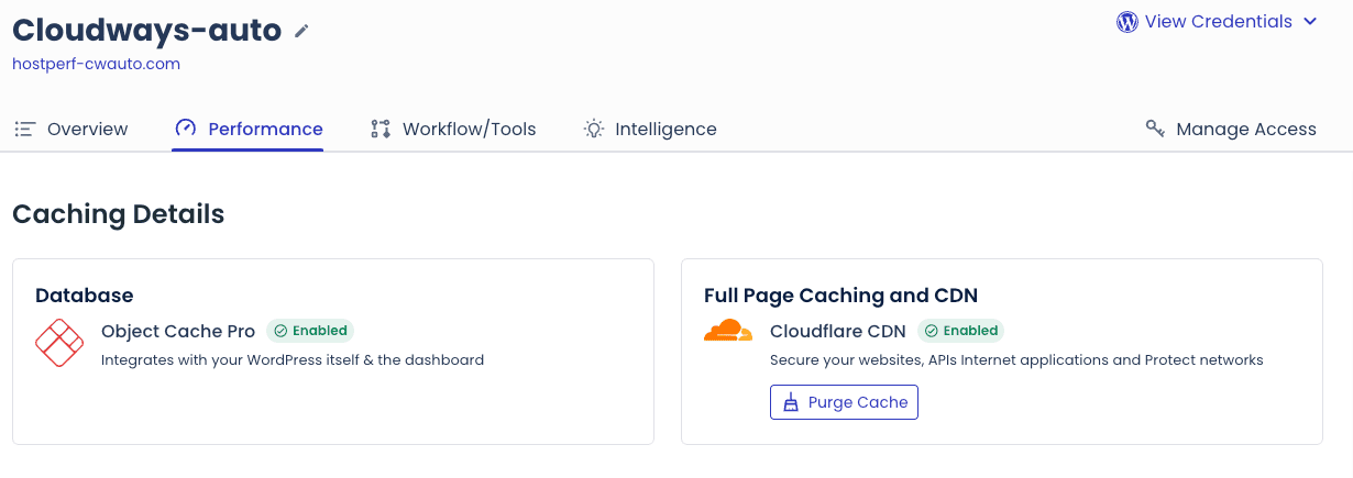 Cloudways Autonomous Performance tab showing Cloudflare Enterprise CDN enabled by default