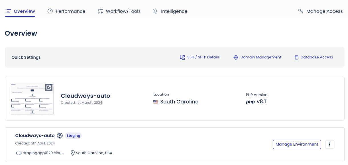 Creating a one-click staging site inside the Cloudways Autonomous dashboard