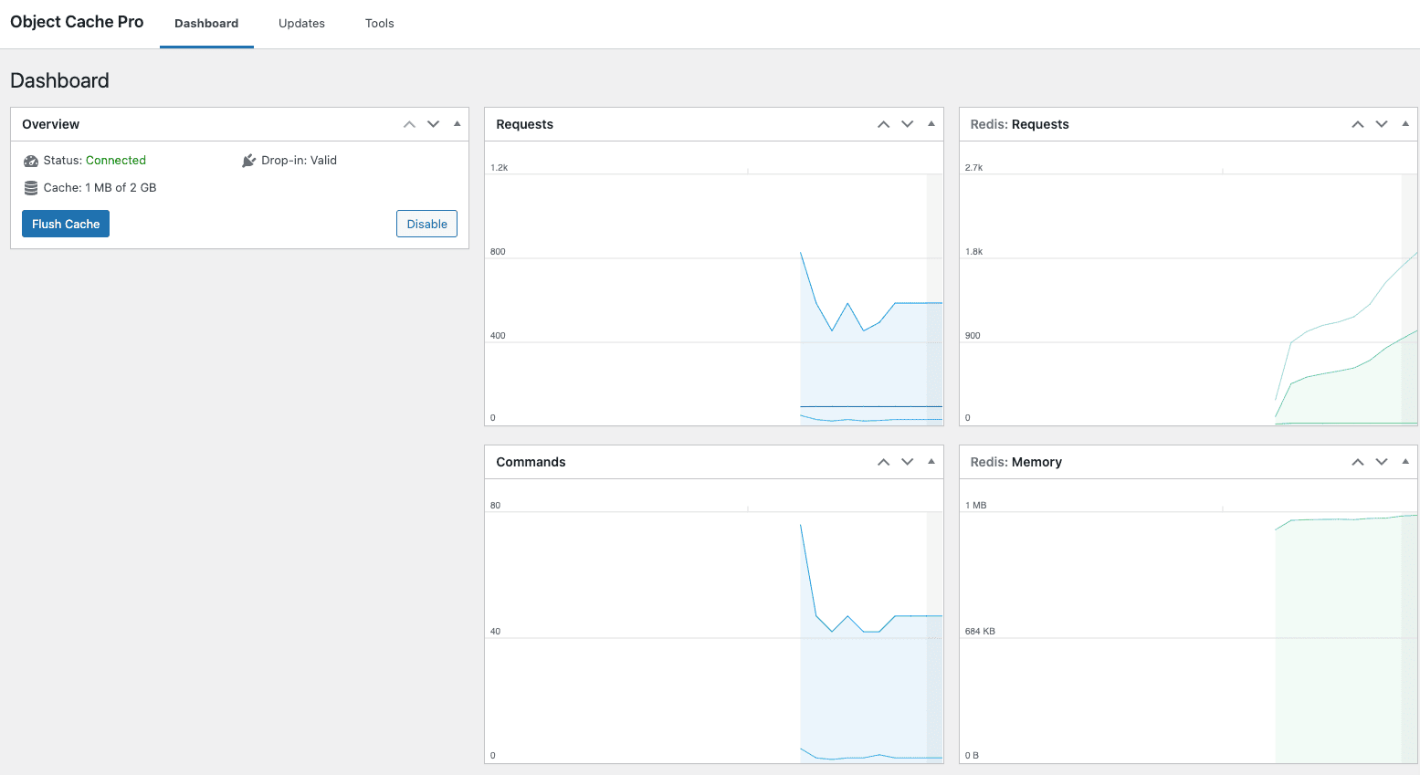 Object Cache Pro statistics displayed inside the WordPress dashboard on Cloudways Autonomous
