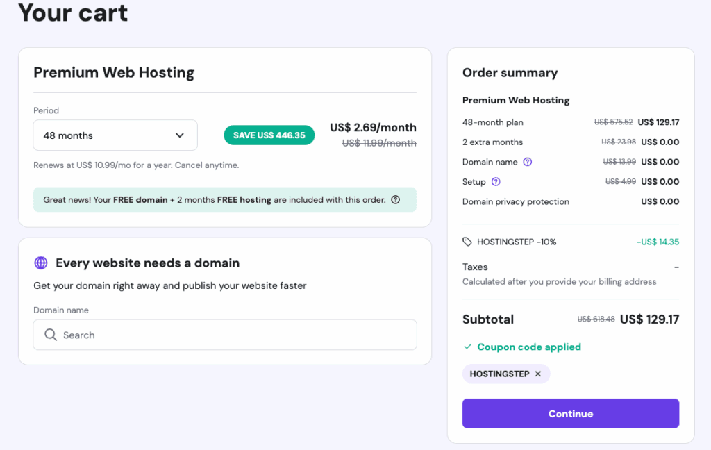 Hostinger cart with the billing period selected and the free first-year domain claimed