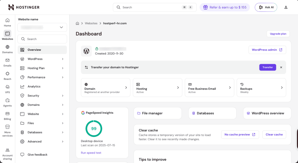 Hostinger hPanel dashboard after the discounted order is completed