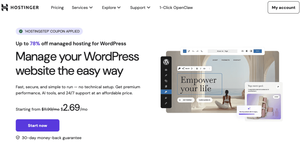 Hostinger landing page opened through the Hostingstep exclusive coupon link