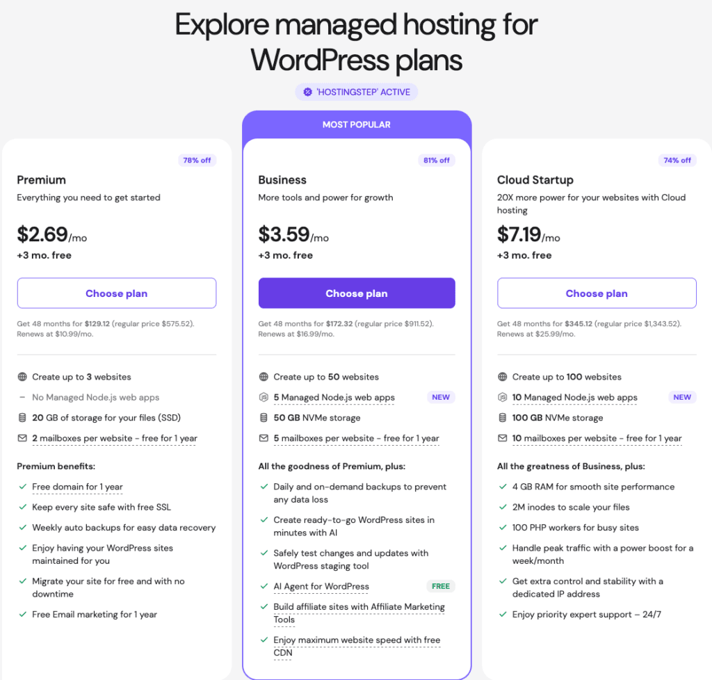 Hostinger plan selection page showing Premium, Business and Cloud Startup pricing