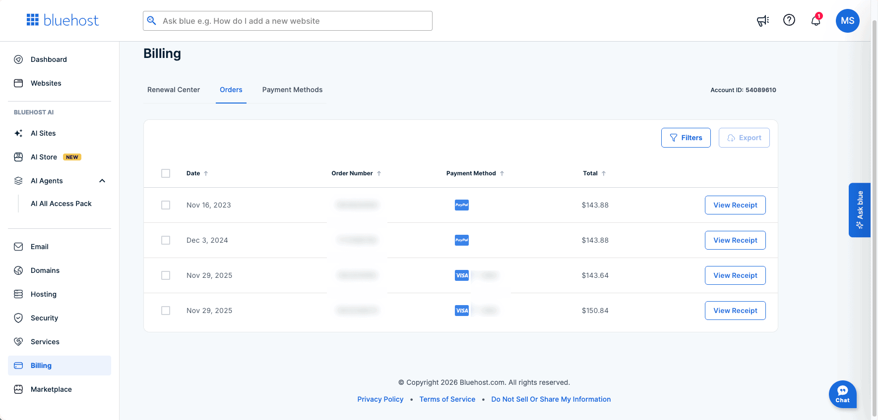 Bluehost billing history showing paid hosting invoices from the Bluehost customer account area