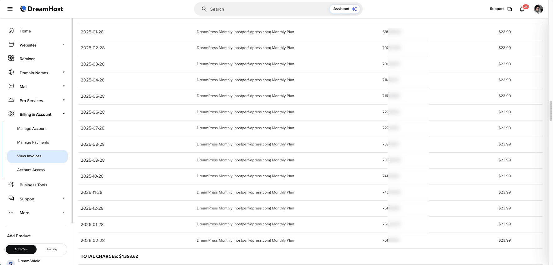 DreamHost billing history showing paid invoices for DreamPress managed WordPress and shared hosting