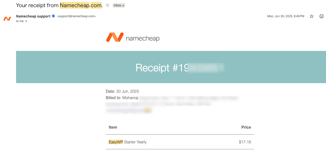 EasyWP billing history showing paid managed WordPress hosting invoices