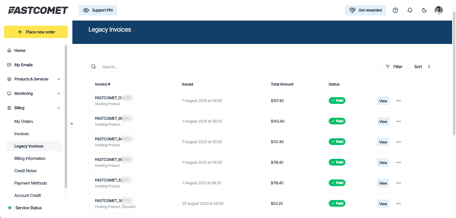 FastComet billing history showing paid hosting invoices dating back to 2020