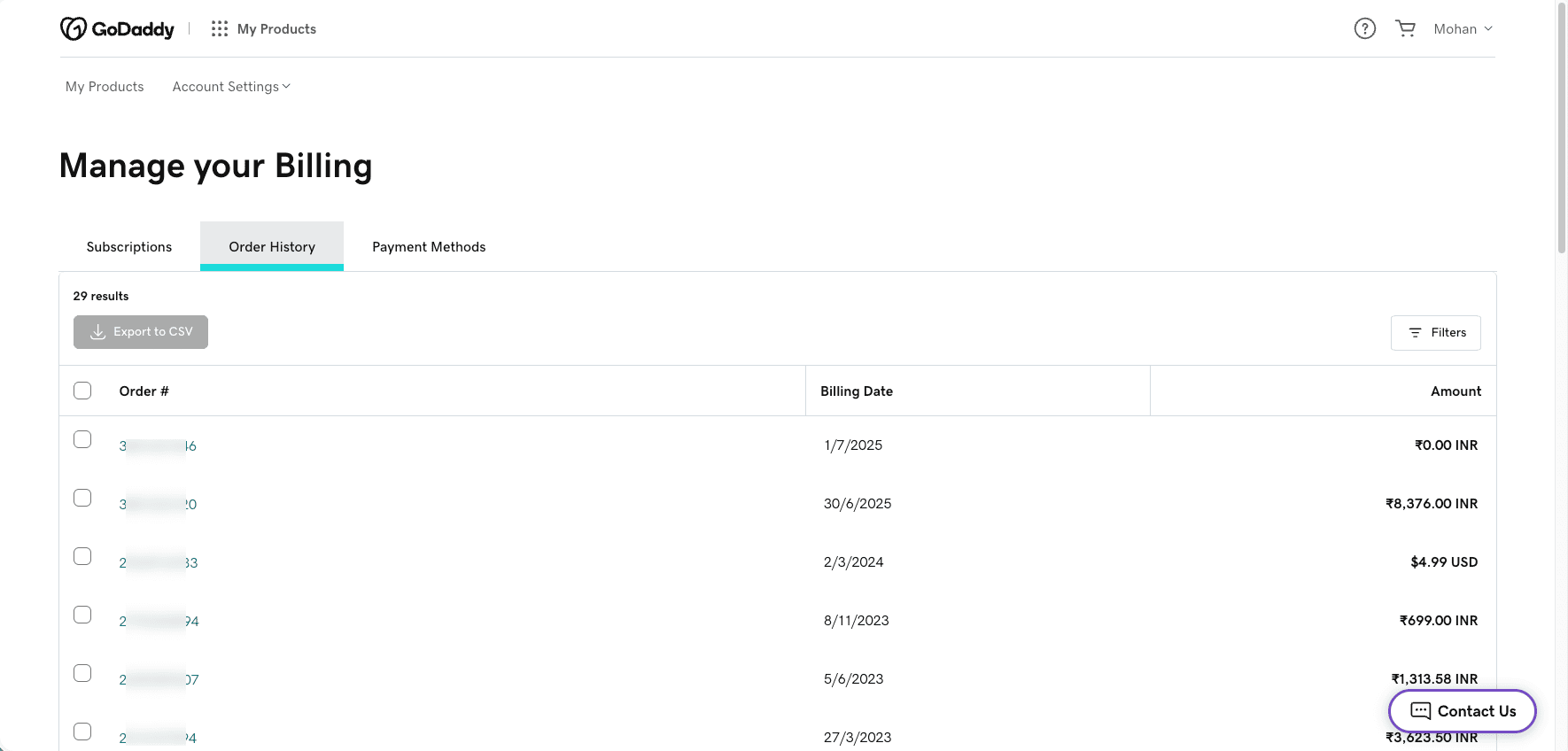 GoDaddy billing history showing paid invoices for web hosting and Managed WordPress plans