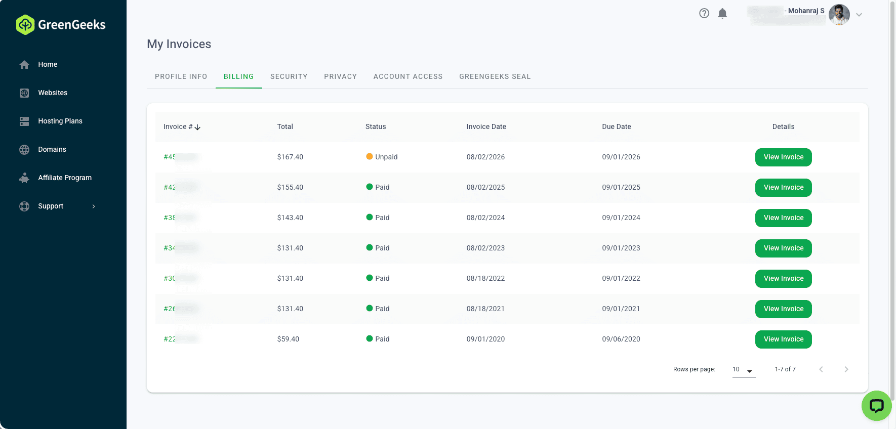 GreenGeeks billing history showing paid hosting invoices dating back to 2020