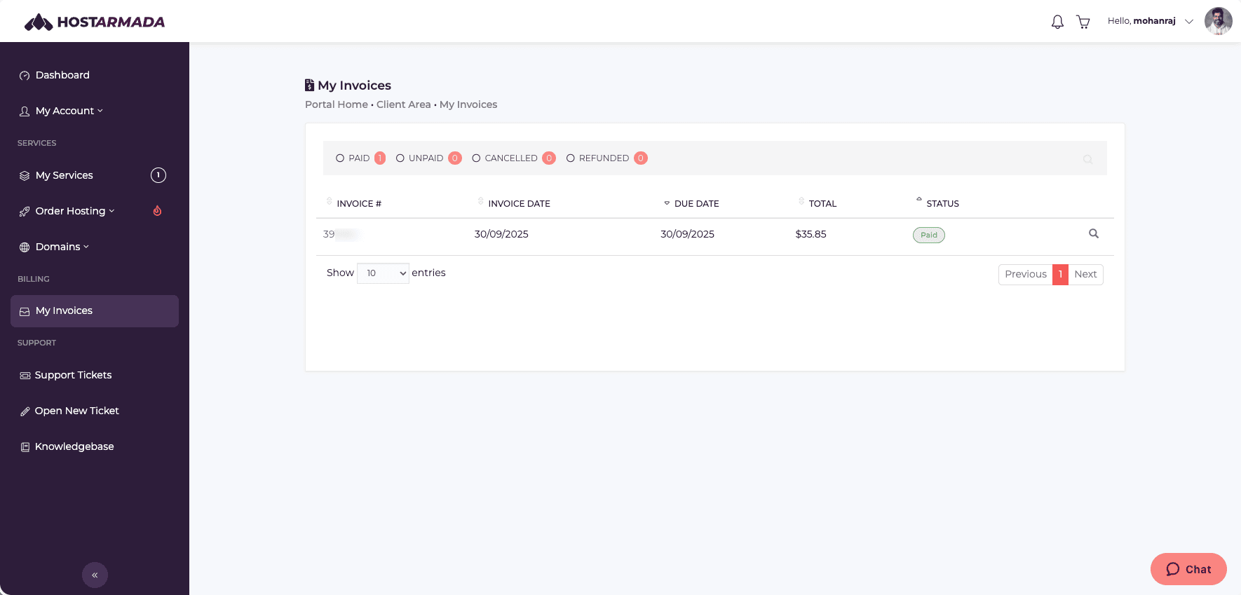 HostArmada billing history showing paid hosting invoices from 2025 onward