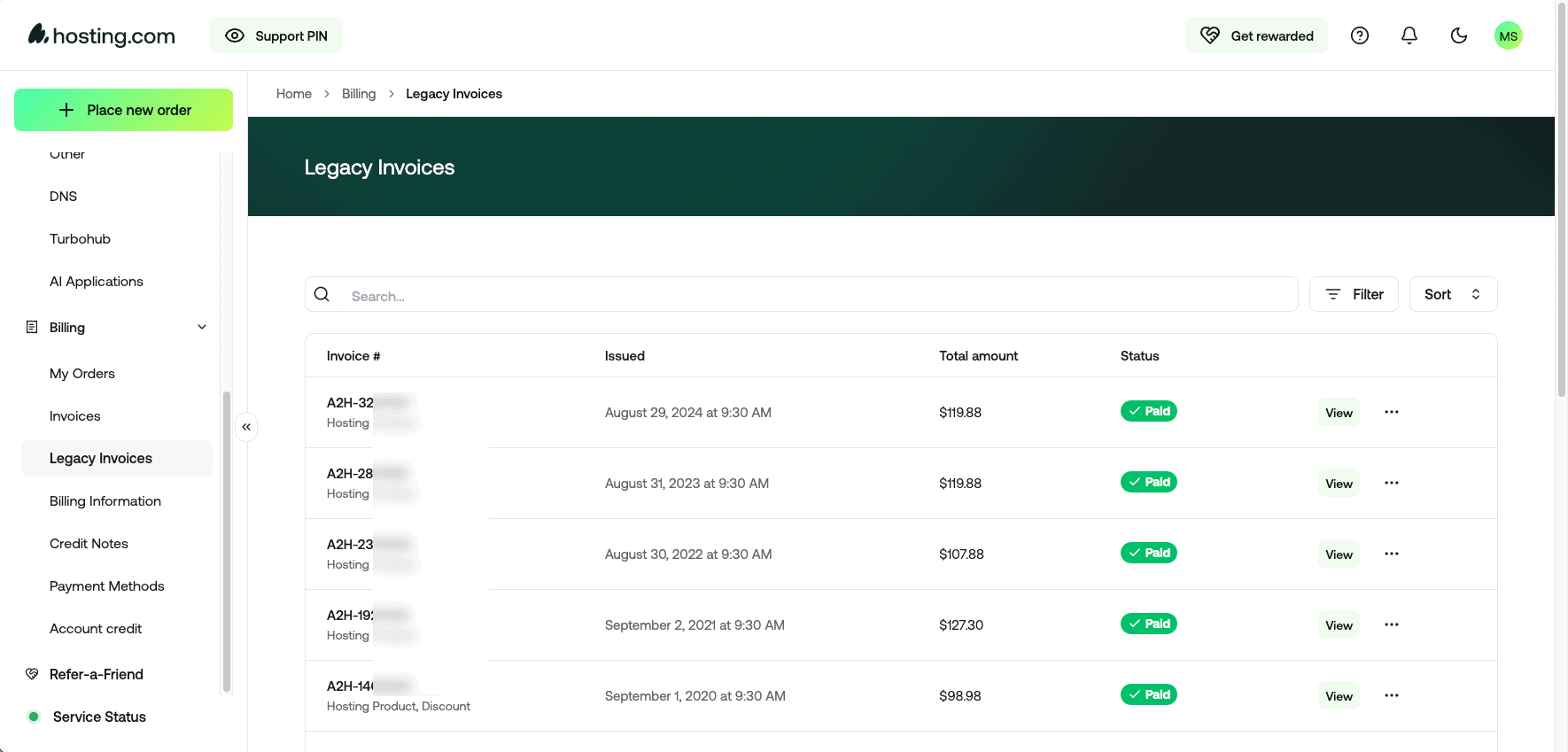 A2 Hosting legacy billing history from 2020 to 2024, before the company rebranded to Hosting.com