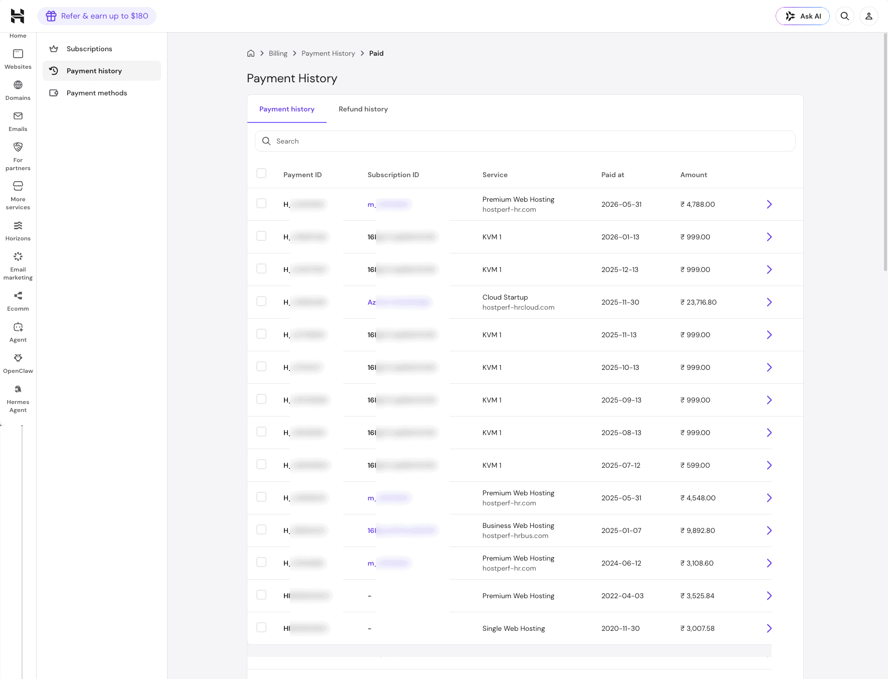 Hostinger billing history from 2020 to 2026 showing paid invoices across Premium, Business and Cloud Startup plans