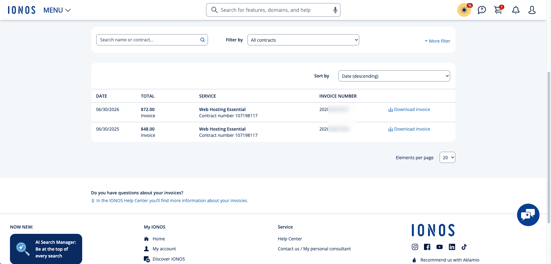IONOS billing history showing paid hosting invoices from 2025 onward