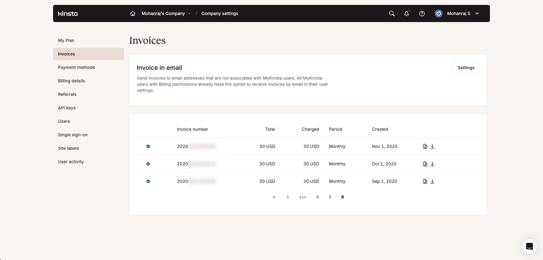Kinsta billing history from 2020 showing the earliest paid managed WordPress invoices
