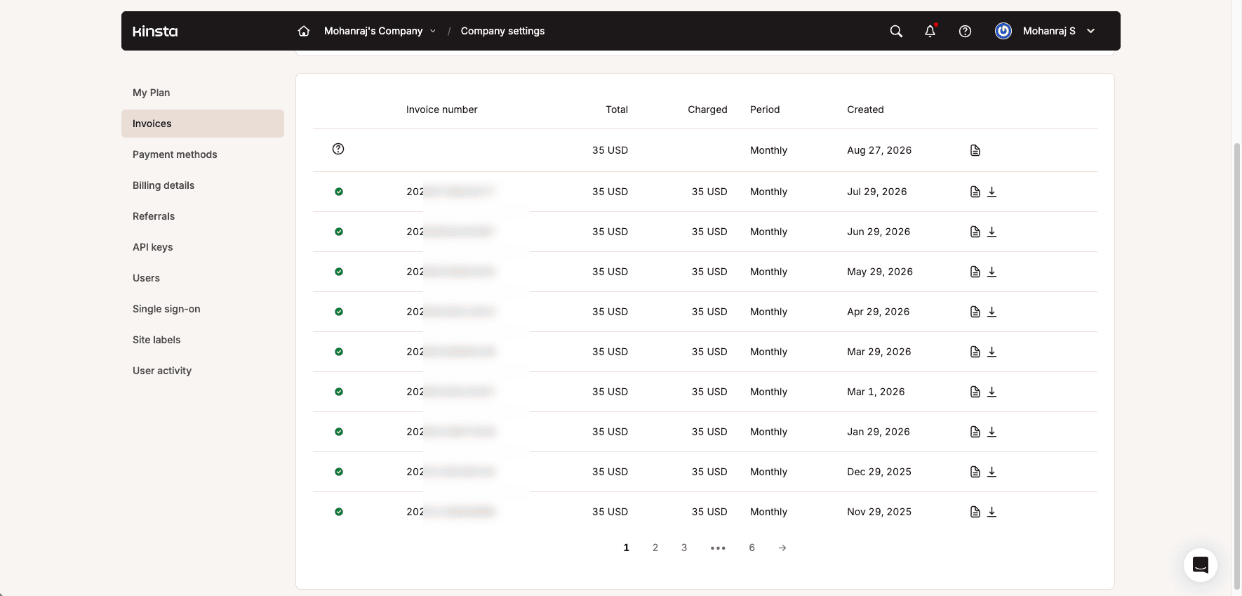 Kinsta billing history showing 2025 and 2026 paid managed WordPress invoices