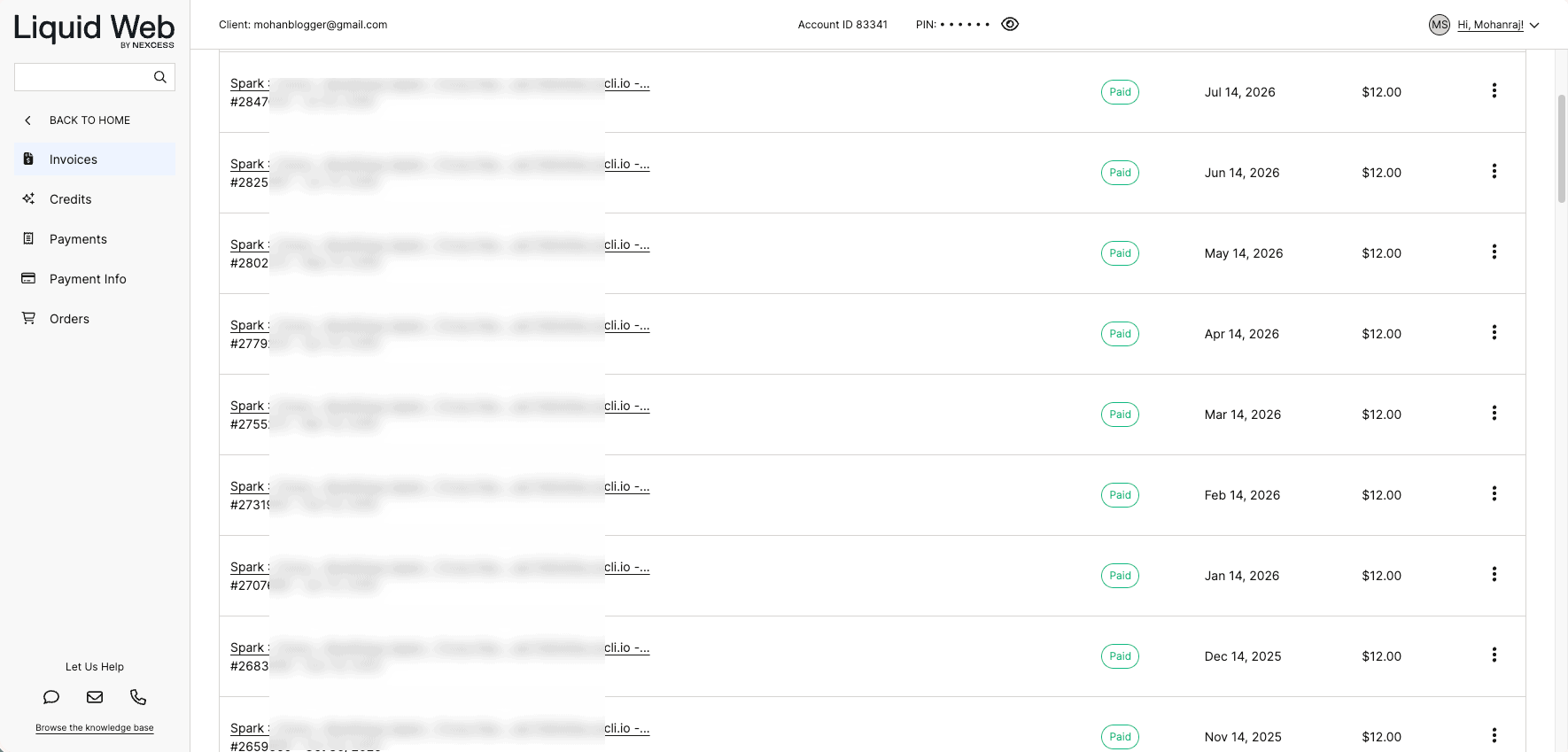 Liquid Web billing history showing 2025 and 2026 paid managed WordPress invoices