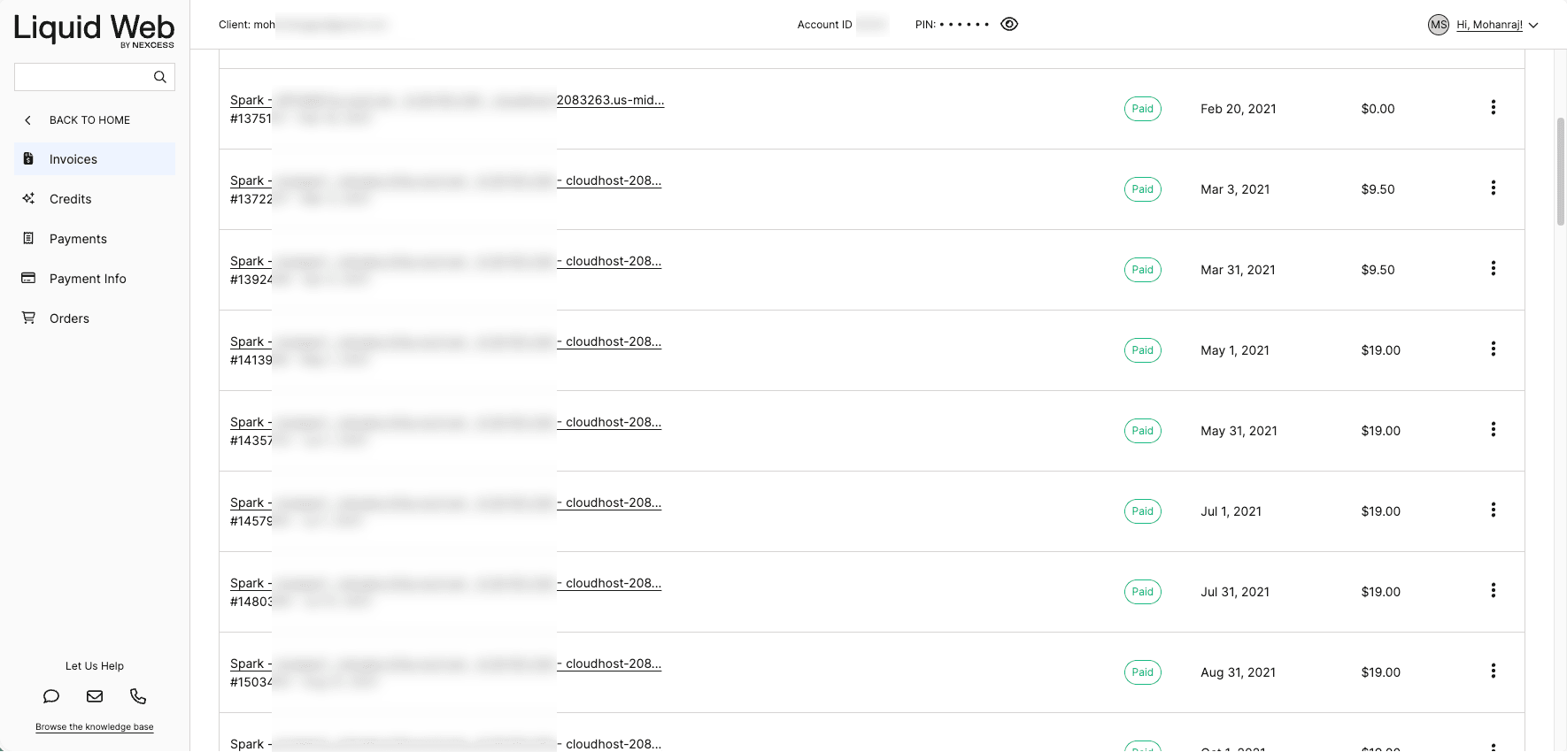Liquid Web billing history from 2021 showing the earliest paid managed WordPress invoices