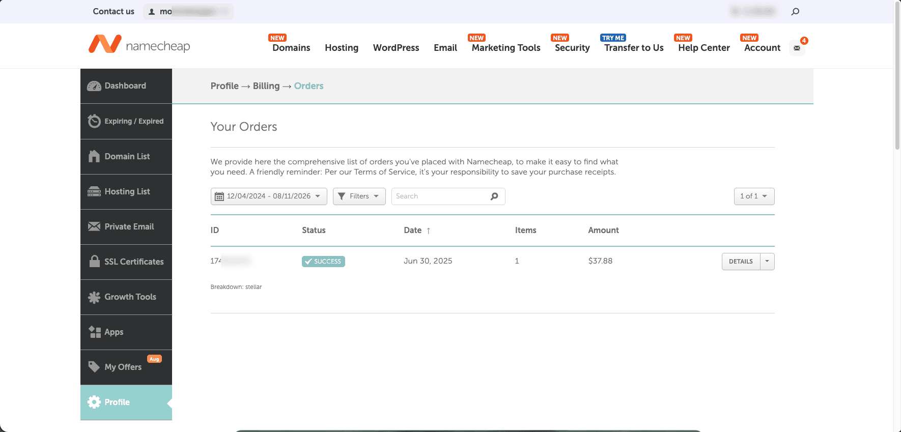 NameCheap billing history showing paid shared hosting invoices from 2025 onward