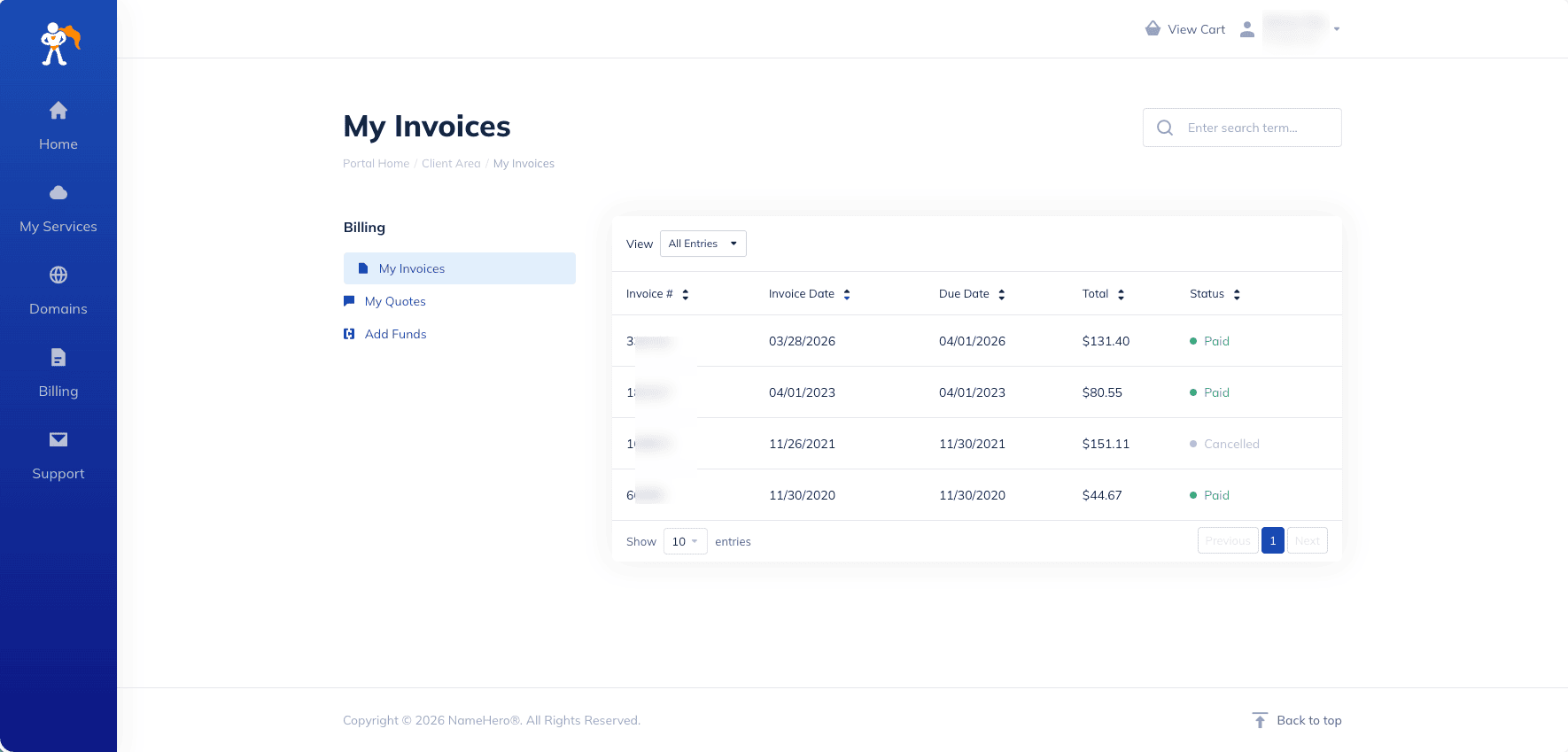 NameHero billing history showing paid hosting invoices from 2023 onward