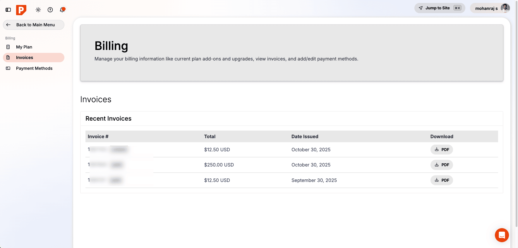 Pressable billing history showing paid managed WordPress hosting invoices