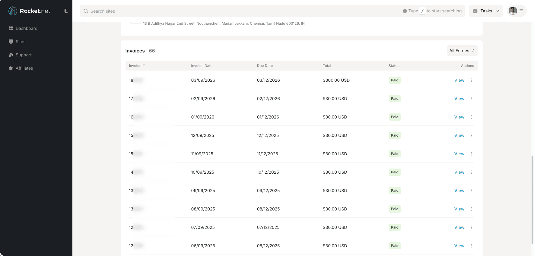 Rocket.net billing history showing 2025 and 2026 paid hosting invoices