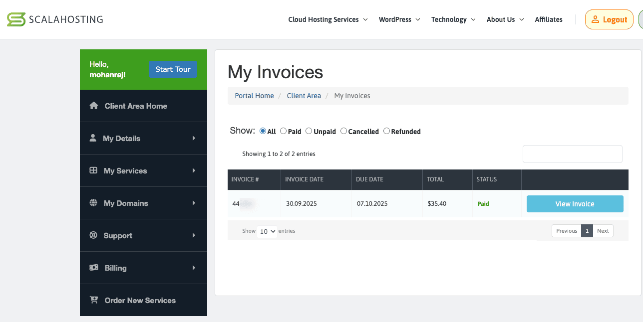 ScalaHosting billing history showing paid hosting invoices from 2025 onward