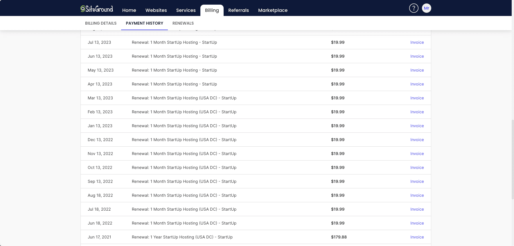 SiteGround billing history from 2021 to 2023 showing paid hosting invoices