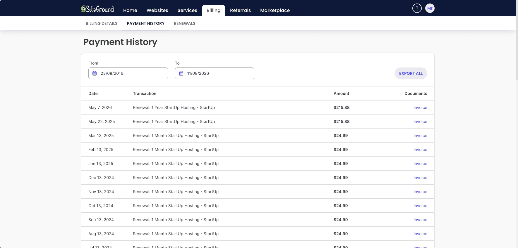 SiteGround billing history from 2023 to 2026 showing paid hosting invoices