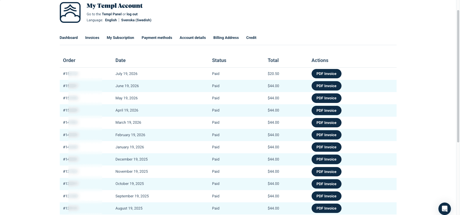 Templ hosting billing history showing recent paid invoices