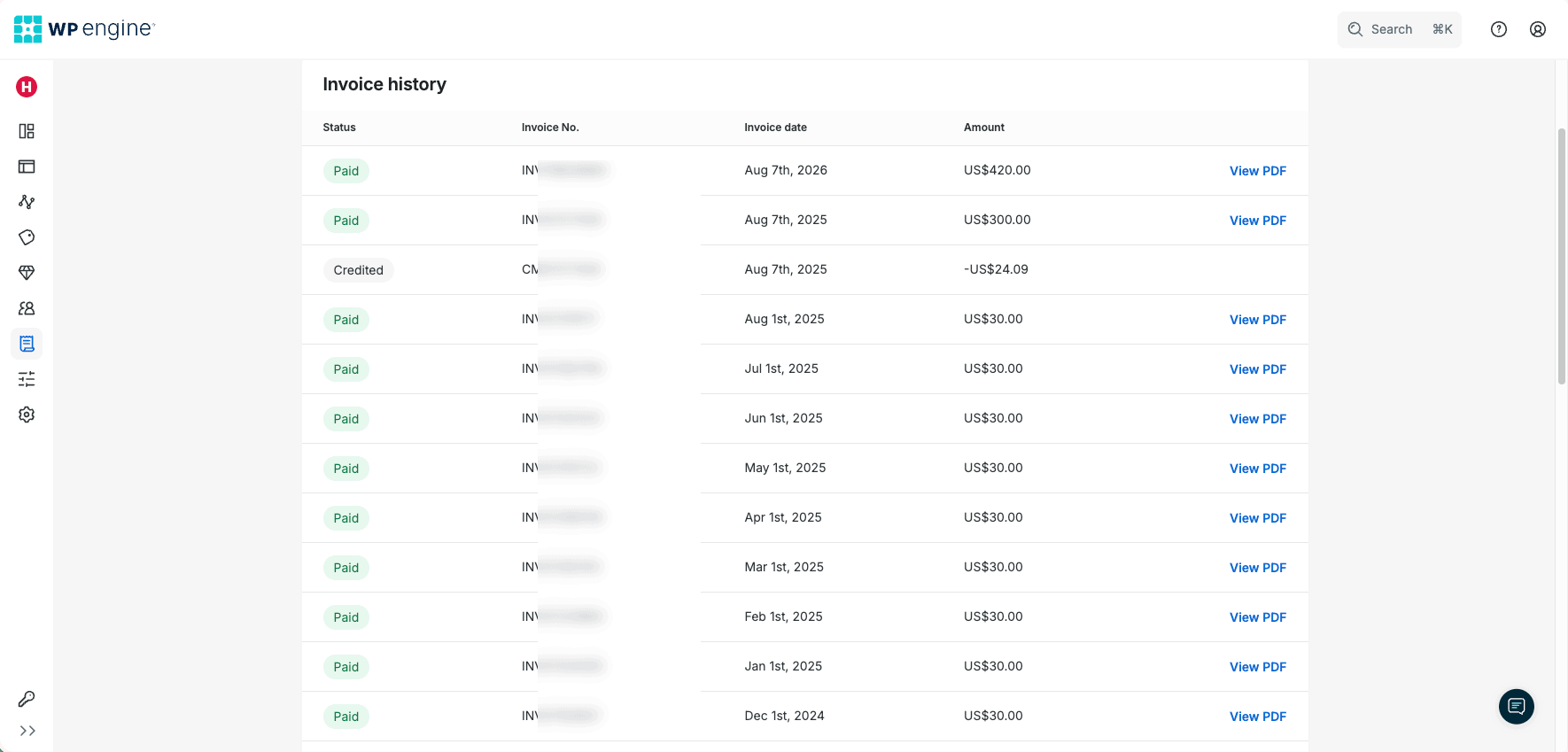 WP Engine billing history from 2024 to 2026 showing recent paid invoices