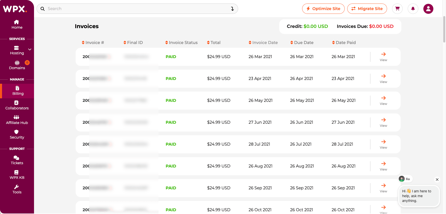 WPX Hosting billing history from 2021 showing the earliest paid invoices