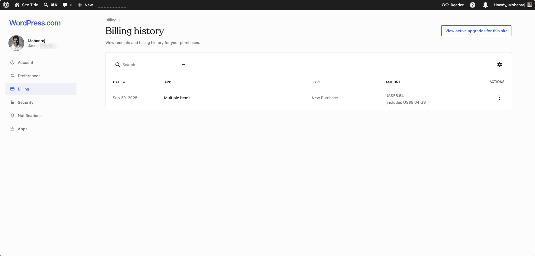 WordPress.com billing history showing a paid hosting plan invoice